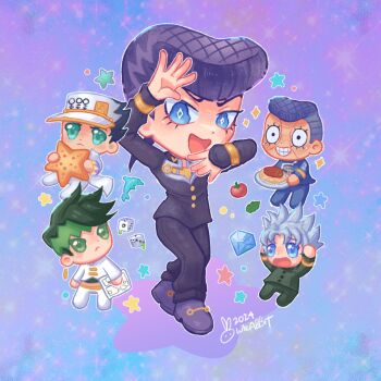5boys baseball_cap black_hair blue_eyes blue_gakuran chibi coat commentary diamond_(gemstone) diamond_(shape) diamond_wa_kudakenai dice dollar_sign earrings earth_wind_&amp;_fire_(stand) english_commentary food graywrabbit green_eyes green_gakuran green_hair green_headband grey_hair grin hat hazekura_mikitaka headband higashikata_josuke higashikata_josuke's_pose highres hirose_koichi holding holding_plate jewelry jojo_no_kimyou_na_bouken jojo_pose kishibe_rohan kuujou_joutarou looking_at_viewer male_focus multiple_boys nijimura_okuyasu open_mouth pants pasta peace_symbol plate pompadour purple_hair purple_pants school_uniform sea_stars signature smile spaghetti sparkle stand_(jojo) star_(symbol) tomato white_coat white_hat
