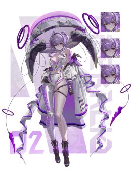 1girl absurdres ahoge black_boots black_gloves boots character_name clothing_cutout disgustingtokki floating floating_object frills full_body gloves goddess_of_victory:_nikke hair_between_eyes hair_intakes hairband hand_on_own_hip headgear highres jacket jacket_partially_removed leotard liberalio_(nikke) looking_at_viewer multiple_expressions purple_hair red_eyes short_hair_with_long_locks single_leg_pantyhose solo standing two-sided_fabric two_side_up white_jacket white_leotard