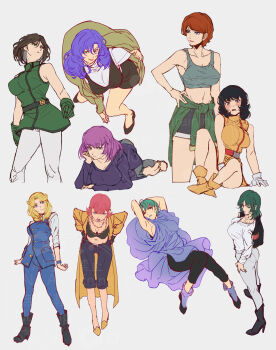 6+girls aeug aqua_hair belt beltorchika_irma black_hair blonde_hair blue_eyes blue_hair boots breasts brown_hair cape dress emma_sheen exocet_(exocet4) fa_yuiry four_murasame gloves green_eyes gundam haman_karn highres jacket jewelry lipstick long_hair long_sleeves looking_at_viewer makeup medium_breasts medium_hair military military_uniform mouar_pharaoh multiple_girls open_mouth pink_hair purple_eyes purple_hair purple_lips reccoa_londe rosamia_badam sarah_zabiarov short_hair simple_background sleeveless smile titans_(gundam) white_gloves zeta_gundam