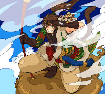 1boy animal_on_arm blue_eyes boots brown_boots brown_gloves brown_hair circlet cloud elbow_gloves floating_hair flying_nimbus gloves gold_circlet grin hair_between_eyes highres holding holding_staff journey_to_the_west kneeling kzouzou long_hair looking_ahead maeda_keiji_(sengoku_basara) male_focus monkey official_alternate_costume parody ponytail ruyi_jingu_bang sengoku_basara smile solo staff yumekichi