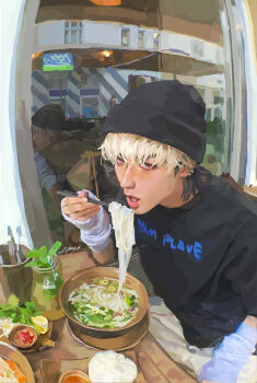 1boy absurdres airys_ooo arm_up arm_warmers black_shirt bowl commentary crew_neck earrings eating eunho_(plave) food highres holding holding_utensil jewelry male_focus multicolored_hair noodles open_mouth piercing plave ramen red_eyes shirt short_hair sitting solo symbol-only_commentary t-shirt table two-tone_hair window