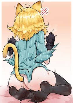 1girl ^^^ absurdres anal anal_beads anal_object_insertion anal_tail anger_vein animal_ears ass black_gloves black_thighhighs blonde_hair bottomless butt_plug caloart30 cat_ears cat_tail commentary dokibird fake_tail from_behind full_body gloves gradient_background green_shirt hashtag-only_commentary heart highres indie_virtual_youtuber object_insertion paw_pose pinstripe_pattern pussy sex_toy shirt short_hair simple_background sitting solo striped_clothes striped_shirt tail thighhighs toes vertical-striped_clothes vertical-striped_shirt vertical_stripes virtual_youtuber