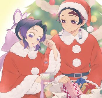 Rule 34 | 1girl, alternate universe, breasts, bug, butterfly, butterfly print haori, capelet, checked haori, christmas, christmas ornaments, christmas present, couple, earrings, gift, groom, hanafuda earrings, haori, hat, highres, insect, japanese clothes, jewelry, kamado tanjirou, kimetsu gakuen, kimetsu no yaiba, kochou shinobu, original, pkhoahue, red capelet, santa costume, santa hat, scar, scar on face, scar on forehead, yellow haori
