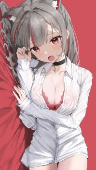 Rule 34 | 1girl, :o, absurdres, animal ear fluff, animal ears, black choker, bow, bow bra, bra, breasts, choker, cleavage, commentary request, cowboy shot, fang, grey hair, hair spread out, highres, korean commentary, large breasts, long hair, long sleeves, looking at viewer, lying, modon (abwqe12132), multicolored hair, neneko mashiro, no pants, on bed, on side, open mouth, parted bangs, partially unbuttoned, red background, red bra, red eyes, shirt, simple background, skin fang, solo, stellive, streaked hair, underwear, virtual youtuber, white shirt
