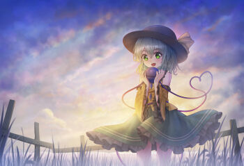 1girl :d absurdres bare_shoulders black_hat broken_fence detached_sleeves floral_print floral_print_skirt frilled_skirt frilled_sleeves frills grass green_eyes green_hair green_skirt hat highres koishi_day komeiji_koishi light_blush medium_hair open_mouth pink_clouds print_skirt ribbon shirt skirt sky smile solo star_(sky) sunset third_eye toorooo touhou yellow_ribbon yellow_shirt yellow_sleeves