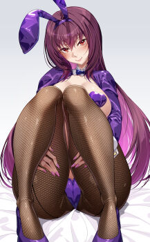 1girl absurdres adapted_costume animal_ear_hairband animal_ears black_hiphighs bow bowtie breasts collared_shrug comiket_107 commentary_request fake_animal_ears fate/grand_order fate_(series) fishnet_hiphighs fishnets frontless_outfit hair_intakes hairband heart_maebari heart_pasties high_heels highres hiphighs hugging_own_legs large_breasts latex_shrug long_hair looking_at_viewer maebari mukunokino_isshiki official_alternate_costume pasties purple_bow purple_bowtie purple_hair purple_hairband rabbit_ear_hairband rabbit_ears red_eyes revealing_clothes reverse_bunnysuit reverse_outfit scathach_(fate) scathach_(piercing_bunny)_(fate) shrug_(clothing) simple_background sitting smile solo very_long_hair
