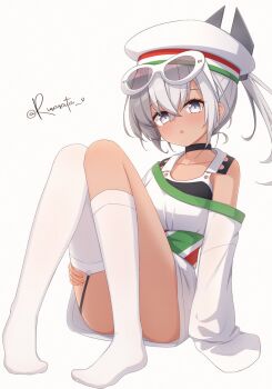 1girl aticsanir black_one-piece_swimsuit commentary_request convenient_leg dace_(kancolle) eyewear_on_head full_body grey_eyes grey_hair hat headgear highres kantai_collection leonardo_da_vinci_(kancolle) looking_at_viewer military_hat multicolored_sash one-piece_swimsuit shirt side_ponytail simple_background single_thighhigh sitting sleeves_past_fingers sleeves_past_wrists solo sunglasses swimsuit swimsuit_under_clothes thighhighs white_background white_hat white_shirt