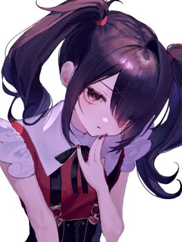 1girl ame-chan_(needy_girl_overdose) black_eyes black_hair black_nails black_ribbon black_skirt commentary_request hair_ornament hair_over_one_eye highres iam_yuragi long_hair nail_polish neck_ribbon needy_girl_overdose parted_lips red_nails red_shirt ribbon shirt simple_background skirt solo suspender_skirt suspenders twintails upper_body white_background x_hair_ornament