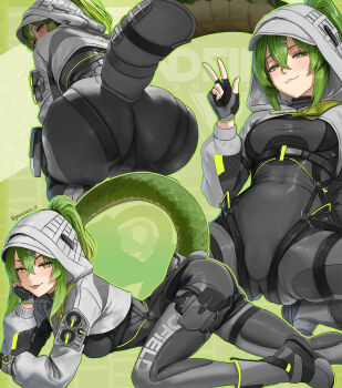 1girl absurdres arknights arknights:_endfield ass blush bodysuit commentary dgkamikaze english_commentary fingerless_gloves fluorite_(arknights) gloves green_eyes green_hair hair_between_eyes high_ponytail highres hood hooded_shrug long_hair looking_back multiple_views ponytail shrug_(clothing) snake_girl snake_tail tail v