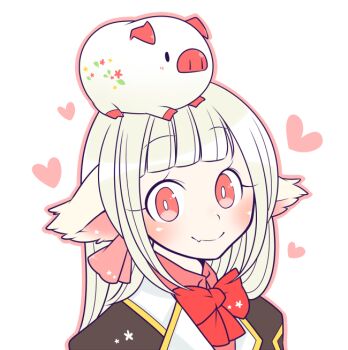 Rule 34 | 1girl, animal, animal ears, animal on head, blonde hair, blunt bangs, blush, bow, bowtie, brown cape, cape, cat ears, cat girl, closed mouth, commentary request, genetic (ragnarok online), jacket, long hair, looking at viewer, oekakipikki, official alternate costume, on head, piglet, pink eyes, pink shirt, portrait, ragnarok online, red bow, red bowtie, shirt, simple background, smile, solo, white background, white jacket