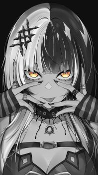 1girl absurdres black_arm_warmers black_background black_choker black_dress black_hair black_nails breasts chest_belt choker cleavage commentary dress english_commentary grey_hair hair_ornament hands_on_own_face highres hololive hololive_english jewelry lace lace-trimmed_choker lace_choker lace_trim large_breasts long_hair looking_at_viewer multicolored_hair ring shiori_novella shiori_novella_(1st_costume) simple_background solo split-color_hair striped_arm_warmers tongue tongue_out two-tone_hair upper_body virtual_youtuber xuwasoo yellow_eyes