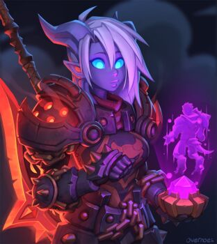 1girl armor blue_eyes blue_skin chain colored_skin draenei female_focus glowing glowing_eyes highres hologram horns overnoes shoulder_armor spikes sword weapon white_hair