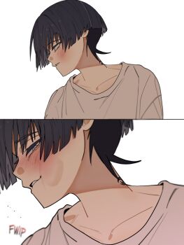 1boy alternate_costume arms_at_sides birthmark bishounen biting_own_lip black_hair blunt_ends blush bright_pupils casual collarbone colored_inner_hair commentary contemporary crew_neck english_commentary genshin_impact grey_eyes grey_hair highres looking_at_viewer looking_to_the_side male_focus masochism meme meme_request mitsudomoe_(shape) multicolored_hair scaramouche_(genshin_impact) sequential shirt sideways_mouth slap_mark slap_mark_on_face solo sound_effects split_screen tomoe_(symbol) tsurime white_pupils white_shirt white_sleeves wispy_bangs ysnden