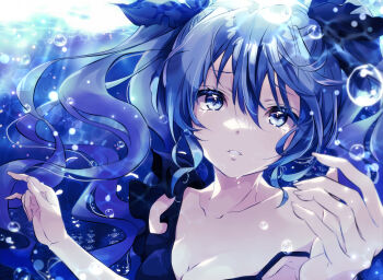 1girl black_dress blue_eyes blue_hair breasts collarbone commentary_request dress hair_between_eyes hair_ornament hatsune_miku long_hair looking_at_viewer parted_lips shinkai_shoujo_(vocaloid) sleeveless sleeveless_dress solo twintails underwater upper_body very_long_hair vocaloid yudoufu_(littleplus)