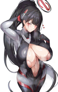 Rule 34 | 1girl, black bodysuit, black hair, black halo, black pubic hair, blue archive, bodysuit, breasts, bright pupils, commentary request, female pubic hair, halo, highres, huge breasts, long hair, multicolored halo, nipples, official alternate costume, ponytail, pubic hair, red eyes, ringed eyes, rio (armed) (blue archive), rio (blue archive), skin tight, solo, two-tone halo, very long hair, white pupils, yusha m