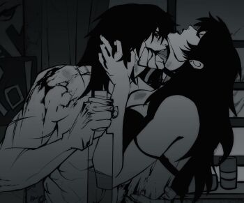 black_hair bleeding blood bottle bra bruise bruise_on_shoulder commentary creepypasta english_commentary glasgow_smile greyscale hand_on_another&#039;s_back hand_on_another&#039;s_neck highres holding holding_bottle injury jane_the_killer jeff_the_killer licking licking_another&#039;s_neck long_hair monochrome nekrottt no_shirt nude open_mouth sexually_suggestive tongue tongue_out underwear upper_body