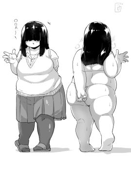 1girl ass belly breasts commentary_request completely_nude dual_persona fat hair_over_eyes highres jimiko large_breasts long_hair nude original pleated_skirt sidelocks simple_background skirt sweat sweater_vest white_background zuisawa