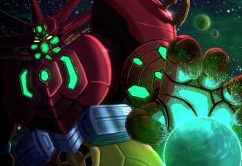 armor emeraldcodex getter_emperor getter_rays getter_robo getter_robo_arc giant glint glowing glowing_hand green_light hand_up looking_at_viewer mecha mecha_focus multicolored_armor planet red_armor robot space star_(sky) super_robot yellow_armor yellow_eyes