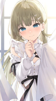 1girl absurdres backlighting behind_curtains black_sash blonde_hair blue_eyes blush breasts cattleya_regina_games closed_mouth curtain_grab curtains detached_sleeves dress hair_ornament hairclip hanabusa_lisa hanabusa_lisa_(1st_costume) highres long_hair looking_at_viewer medium_breasts puritan_collar sash smile solo upper_body virtual_youtuber vspo! white_dress yuzutouhu_ika