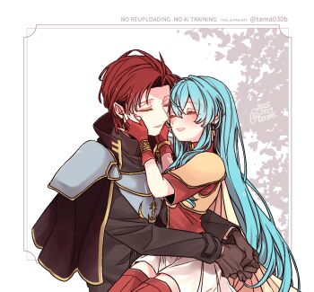 Rule 34 | 1boy, 1girl, 2025, aqua hair, armor, black capelet, black shirt, blush, boots, breastplate, breasts, brown gloves, cape, capelet, closed eyes, commentary request, couple, cowboy shot, eirika (fire emblem), fingerless gloves, fire emblem, fire emblem: the sacred stones, gloves, grey armor, grey background, hands on another's cheeks, hands on another's face, happy, hetero, highres, long hair, long sleeves, nintendo, open mouth, own hands clasped, own hands together, parted bangs, red boots, red gloves, red hair, red shirt, sayu030b, seth (fire emblem), shirt, short hair, short sleeves, shoulder armor, skirt, small breasts, thigh boots, thighhighs, tree shade, two-tone background, watermark, white background, white skirt, yellow armor, yellow cape, zettai ryouiki