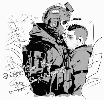 Rule 34 | +++, ..., 2boys, call of duty, call of duty: modern warfare 2, chanyuqianxin, character name, chinese commentary, commentary request, cropped torso, english text, facial hair, from side, ghost (modern warfare 2), greyscale, helmet, hood, hood down, hooded jacket, jacket, looking at another, looking down, male focus, mask, mohawk, monochrome, multiple boys, people, profile, sideburns, sketch, skull mask, soap (modern warfare 2), speech bubble, spoken ellipsis, standing, tactical clothes, twitter username, union jack, white background, yaoi