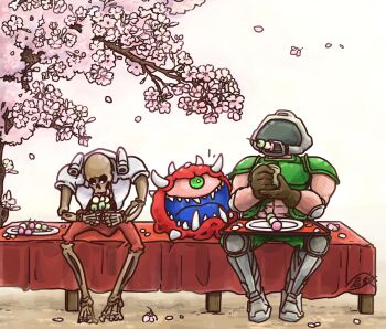 1boy armor cacodemon cherry_blossoms commentary_request dango doom_(series) doomguy eating food hanami helmet highres horns kurashiki_nanka revenant_(doom) sanshoku_dango sitting skeleton wagashi