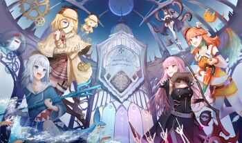 5girls beret black_cape black_hair blonde_hair bloop_(gawr_gura) blue_eyes blue_hair blue_hoodie bubba_(watson_amelia) cape coat deadbeat_(mori_calliope) death-sensei_(mori_calliope) deerstalker dress ebi-chan_(gawr_gura) fins fish_tail gawr_gura gears halo hat high-waist_skirt holding holding_polearm holding_scythe holding_sword holding_weapon hololive hololive_english holomyth hood hoodie kfp_employee_(takanashi_kiara) long_hair magnifying_glass medium_hair mini_chef_hat mori_calliope multicolored_hair multiple_girls necktie ninomae_ina&#039;nis orange_hair orange_shirt orange_skirt pictor pink_eyes pink_hair plaid_clothes plaid_skirt polearm red_hat scythe shark_girl shark_tail shirt short_twintails skirt sleeveless sleeveless_dress sword tail takanashi_kiara takodachi_(ninomae_ina&#039;nis) tentacles thighhighs trident twintails two-tone_hair virtual_youtuber watson_amelia weapon white_dress white_hair white_shirt white_thighhighs wings yellow_coat