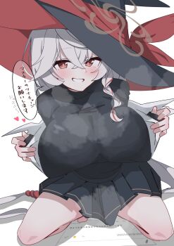 1girl black_hat blue_archive blush breasts collared_shirt commentary_request eri_(blue_archive) grin halo hat heart heavy_breathing highres large_breasts long_sleeves looking_at_viewer minarin_(393939min) multicolored_hair open_clothes open_shirt orange_eyes pointy_breasts red_streaks shadow shirt simple_background smile solo speech_bubble spoken_heart squatting steaming_body streaked_hair teeth translated white_background white_hair white_shirt witch_hat