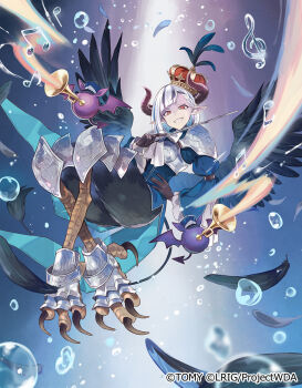 1girl black_gloves black_hair closed_mouth copyright_notice demon_girl demon_horns demon_wings gloves hand_on_own_hip highres horns looking_at_viewer multicolored_hair murmurn_(wixoss) official_art pointy_ears red_eyes smile solo streaked_hair white_hair wings wixoss yuko_(uc_yuk)