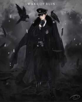 1boy artskiddy69 belt bird black_gloves black_jacket black_vest boots cor_(shadow_slave) crow falling_feathers feathers full_body fur_collar gloves hand_on_own_chin hat highres jacket jacket_on_shoulders medal sailor_hat shadow_slave snowing solo standing vest