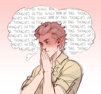 Rule 34 | 1boy, astarion, baldur's gate, baldur's gate 3, blush, dungeons & dragons, elf, english text, highres, meme, pervert, poet shirt, pointy ears, poofroom fanart, short hair, solo, white hair