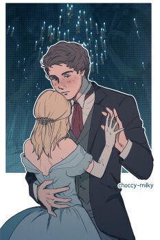 Rule 34 | 1boy, 1girl, artist name, bare shoulders, black eyes, black hair, black suit, blazer, blonde hair, blue dress, blush, breasts, chandelier, choccy-milky, couple, dancing, dress, elbow gloves, formal clothes, freckles, gloves, green vest, hair ornament, hand on another's back, hand on another's hand, highres, hogwarts legacy, jacket, long dress, medium breasts, necktie, pants, prom, protagonist (hogwarts legacy), red necktie, sebastian sallow, shirt, shoulder blades, simple background, suit, vest, white shirt, wizarding world