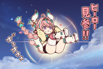 1girl :t ahoge animal_ears aqua_hair bandaid bow braid bright_pupils chibi commentary_request cow_ears cow_girl cow_horns cow_tail full_body gacha_(game_mechanic) genshin_impact hair_ornament hairband haruneharu heart horns leg_warmers legs_up long_hair motion_lines multicolored_hair pink_hair purple_eyes shoes single_thighhigh sneakers solo streaked_hair tail tail_bow tail_ornament thighhighs translation_request twin_braids varesa_(genshin_impact) white_leg_warmers