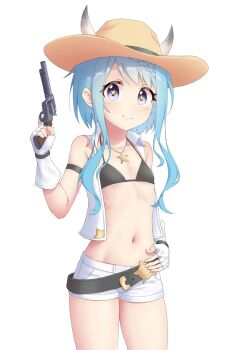 Rule 34 | 1girl, absurdres, bikini, blue hair, cowboy hat, flat chest, gun, hat, highres, lasso, mahiru (princess connect!), navel, princess connect!, ribs, rin (princess connect!), ruinone, shorts, stomach, swimsuit, weapon