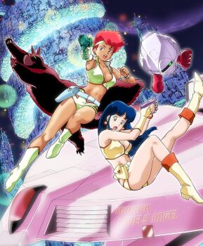 2girls armlet black_hair blue_eyes blue_hair boots bracelet breasts cleavage crop_top dark_skin dirty_pair earrings gloves gun handgun headband holding holding_gun holding_weapon holster jewelry kei_(dirty_pair) long_hair midriff mughi multiple_girls nanmo navel non-web_source official_art open_mouth outstretched_arm photoshop_(medium) red_eyes red_hair science_fiction short_hair single_glove weapon yuri_(dirty_pair)
