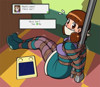 1girl arms_behind_back bdsm blush bondage boots bound bound_ankles bound_arms bound_legs breast_bondage breasts brown_eyes brown_hair cloth_gag english_text gag gagged high_heel_boots high_heels hostage improvised_gag knee_boots looking_at_viewer medium_breasts mega_man_(series) mega_man_battle_network ms._mari_(mega_man) muffled rope sideboob solo tape tape_bondage tape_gag wossarem