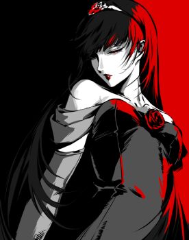 1girl amagi_yukiko bare_shoulders black_background black_hair breasts closed_eyes commentary dark_persona dress elbow_gloves english_commentary flower gloves junoracle long_hair medium_breasts off-shoulder_dress off_shoulder parted_lips partially_colored persona persona_4 red_background red_flower red_rose rose shadow_(persona) shadow_yukiko solo tiara turning_head two-tone_background upper_body very_long_hair
