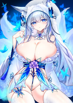 1girl akusamu alternate_costume animal_ear_fluff animal_ears azur_lane blue_butterfly blue_eyes breasts bug butterfly butterfly_on_hand chinese_commentary cleavage commentary_request frills grey_hair highres huge_breasts insect kitsune kyuubi large_tail long_hair multiple_tails pearl_thong shinano_(azur_lane) sitting tail thighhighs very_long_hair white_tail white_thighhighs