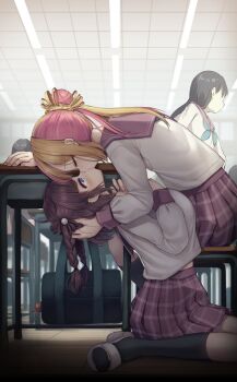 4girls bag black_socks blonde_hair blue_eyes braid brown_hair ceiling ceiling_light chair classroom desk faceless hair_bun highres kiss long_hair mary_janes multicolored_hair multiple_girls original pearl_hair_ornament pink_hair pink_sailor_collar pink_skirt ponytail sailor_collar school_bag school_chair school_desk school_uniform shoes short_hair sitting skirt socks tearing_up tile_ceiling tiles twin_braids two-tone_hair under_table wanashi_tam wariza yuri