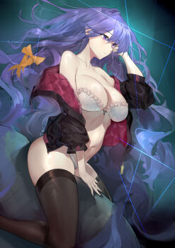 1girl absurdres aqua_background arm_support bare_shoulders black_jacket black_thighhighs bow bra breasts cleavage closed_mouth collarbone commentary_request expressionless floating_hair hair_between_eyes hair_bow hand_up highres jacket large_breasts light_trail long_hair looking_ahead navel off_shoulder original panties purple_eyes purple_hair sitting solo stomach thighhighs thighs two-sided_fabric two-sided_jacket underwear very_long_hair white_bra white_panties wrddd yellow_bow
