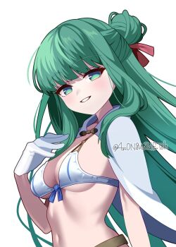 1girl 4rion absurdres bikini blue_bow blush bow bow_bikini breasts cape commentary_request floating_hair gloves green_eyes green_hair grin hair_bun hair_ribbon half_updo hand_up highres long_hair looking_at_viewer medium_breasts navel nukigee_mitai_na_shima_ni_sunderu_watashi_wa_dou_surya_ii_desu_ka? red_ribbon reizeiin_touka ribbon simple_background single_hair_bun smile solo stomach swimsuit twitter_username upper_body very_long_hair white_background white_bikini white_cape white_gloves