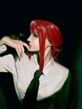 Rule 34 | 1girl, arm at side, black necktie, blunt bangs, braid, braided ponytail, breasts, chainsaw man, closed mouth, collared shirt, commentary, dark background, demon girl, english commentary, expressionless, fingernails, formal clothes, fuyutsuki., hand up, highres, long hair, long sidelocks, looking at another, makima (chainsaw man), mature female, medium breasts, mouse (animal), necktie, office lady, pale skin, red hair, red lips, ringed eyes, shirt, sidelocks, single braid, spot color, standing, upper body, white shirt, yellow eyes