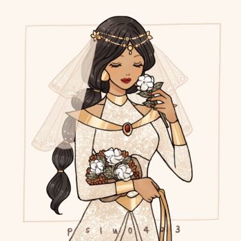 1girl aladdin_(movie) black_hair bridal_veil crown dark-skinned_female dark_skin dress earrings highres jasmine_(disney) jewelry long_hair looking_at_viewer necklace peilu_(pslu0423) smile solo veil very_long_hair wedding_dress