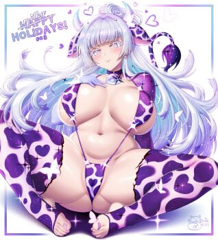 1girl animal_ears animal_print artist_name blue_hair breasts bug butterfly cameltoe closed_mouth colored_eyelashes colored_inner_hair cow_ears cow_girl cow_horns cow_print cow_print_thighhighs cow_tail goddess_of_victory:_nikke grey_eyes hand_on_own_chest heart highres horns insect long_hair multicolored_hair navel nayuta_(nikke) print_thighhighs sevie slingshot_swimsuit smile solo swimsuit tail thighhighs toeless_legwear white_eyelashes
