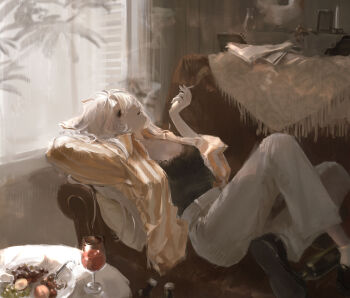 1girl absurdres alternate_costume between_fingers black_shoes black_tank_top bottle cigarette collared_shirt commentary couch cup drinking_glass food fruit fujiwara_no_mokou full_body grapes highres holding holding_cigarette long_hair long_sleeves on_couch open_window pants plate reclining red_eyes sawararado shirt shoes smoke smoking socks solo striped_clothes striped_shirt table tank_top touhou white_background white_pants white_socks window wine_glass yellow_shirt