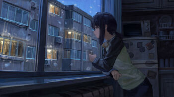 1girl absurdres an_yb arm_rest black_hair black_shirt black_skirt blue_sky building closed_mouth condenser_unit cowboy_shot cup from_side green_shirt headphones headphones_around_neck highres holding holding_cup house indoors kitchen long_sleeves looking_outside medium_hair microwave original plate ponytail profile radiator refrigerator shirt short_ponytail skirt sky snowing solo steam two-tone_shirt window windowsill