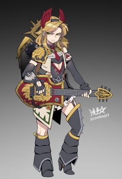 1girl artist_name bare_shoulders bird_wings black_dress blonde_hair closed_mouth clothing_cutout commentary dark_angels detached_sleeves dress ear_piercing electric_guitar english_commentary fingerless_gloves garter_straps gem genderswap genderswap_(mtf) gloves green_eyes guitar headband high_heels highres holding holding_guitar holding_instrument instrument iron_halo jewelry lion_el'jonson looking_to_the_side medium_hair piercing primarch ryuusei_(mark_ii) signature simple_background skirt skull_ornament solo thighhighs thighs warhammer_40k wings