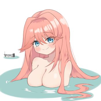 Rule 34 | 1girl, absurdres, aqua eyes, azur lane, bathing, blush, breasts, cleavage, closed mouth, collarbone, commentary request, gallant (azur lane), hair intakes, highres, large breasts, long hair, pink hair, simple background, smile, solo, super mizow, swept bangs, water, white background
