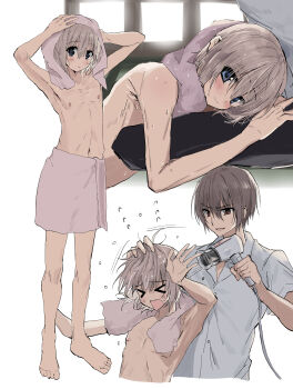 Rule 34 | 2boys, absurdres, black pants, blonde hair, blush, brown eyes, brown hair, collared shirt, commentary request, drying, drying another's hair, drying hair, full body, grey eyes, hair dryer, highres, kasukasugom1, kusanagi naoya, lap pillow, male focus, multiple boys, naked towel, natsume kei (sakura no uta), pants, sakura no uta, shirt, short sleeves, towel, towel around neck, towel around waist, wet, wet hair, white shirt, yaoi