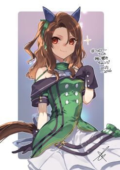 Rule 34 | 1girl, animal ears, bare shoulders, black gloves, blush, bow, breasts, brown hair, buttons, closed mouth, coat, commentary request, double-breasted, dress, ear bow, ear covers, ear ribbon, gloves, green bow, green dress, hand on own chest, highres, horse ears, horse girl, horse tail, king halo (king of emeralds) (umamusume), king halo (umamusume), looking at viewer, looking to the side, madori (sayuri5), off-shoulder coat, off-shoulder dress, off shoulder, red eyes, signature, solo, star (symbol), tail, umamusume